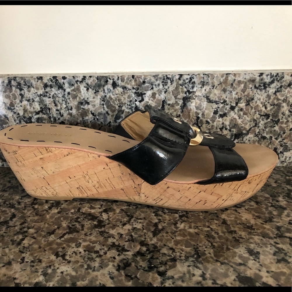 Nine West Black Patent Leather Cork Wedges